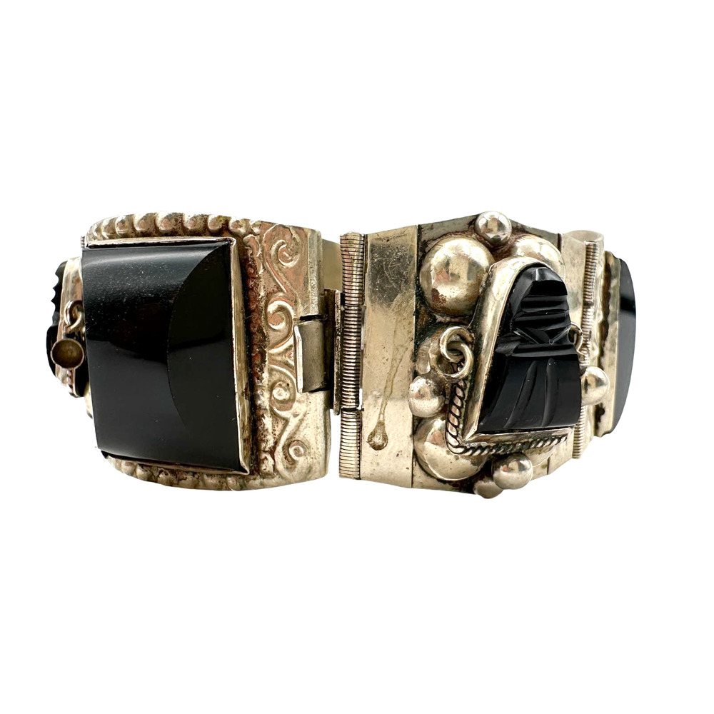 Taxco Mexican Sterling Silver Aztec Panel Bracelet w Hand Carved Onyx Signed JPR